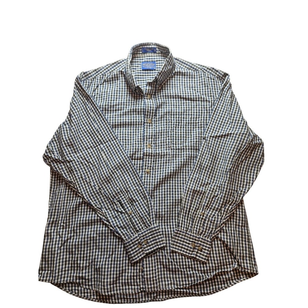 Pendleton Varsity Shirt Mens XL Blue Green Gingham Plaid Cotton Button Down Long